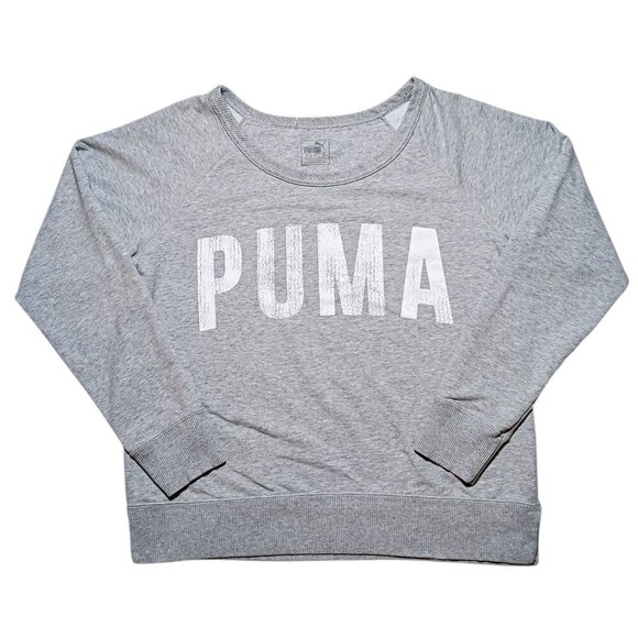 Puma Tops - PUMA Women’s L Gray White Graphic Logo Athletic Pullover Sweatshirt Sportwear